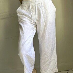white drawstring linen Boho chic cropped trousers
